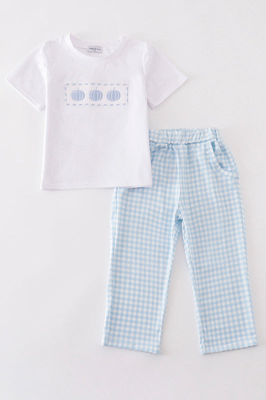 Blue pumpkin embroidery plaid boy set - Giggles with Grace