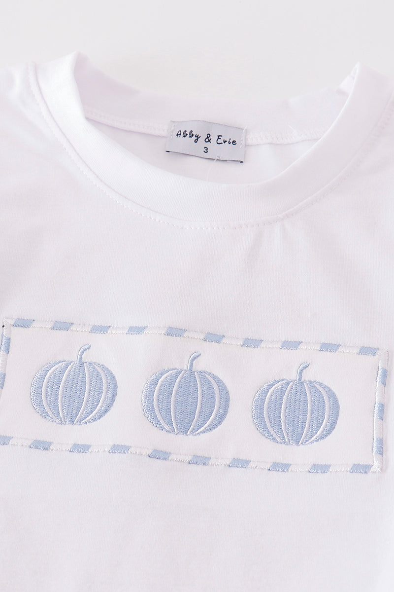 Blue pumpkin embroidery plaid boy set - Giggles with Grace