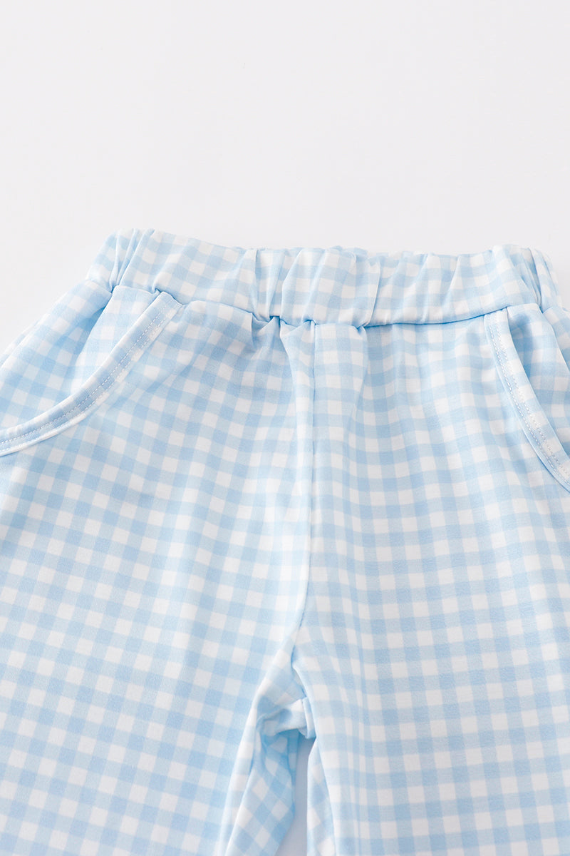 Blue pumpkin embroidery plaid boy set - Giggles with Grace