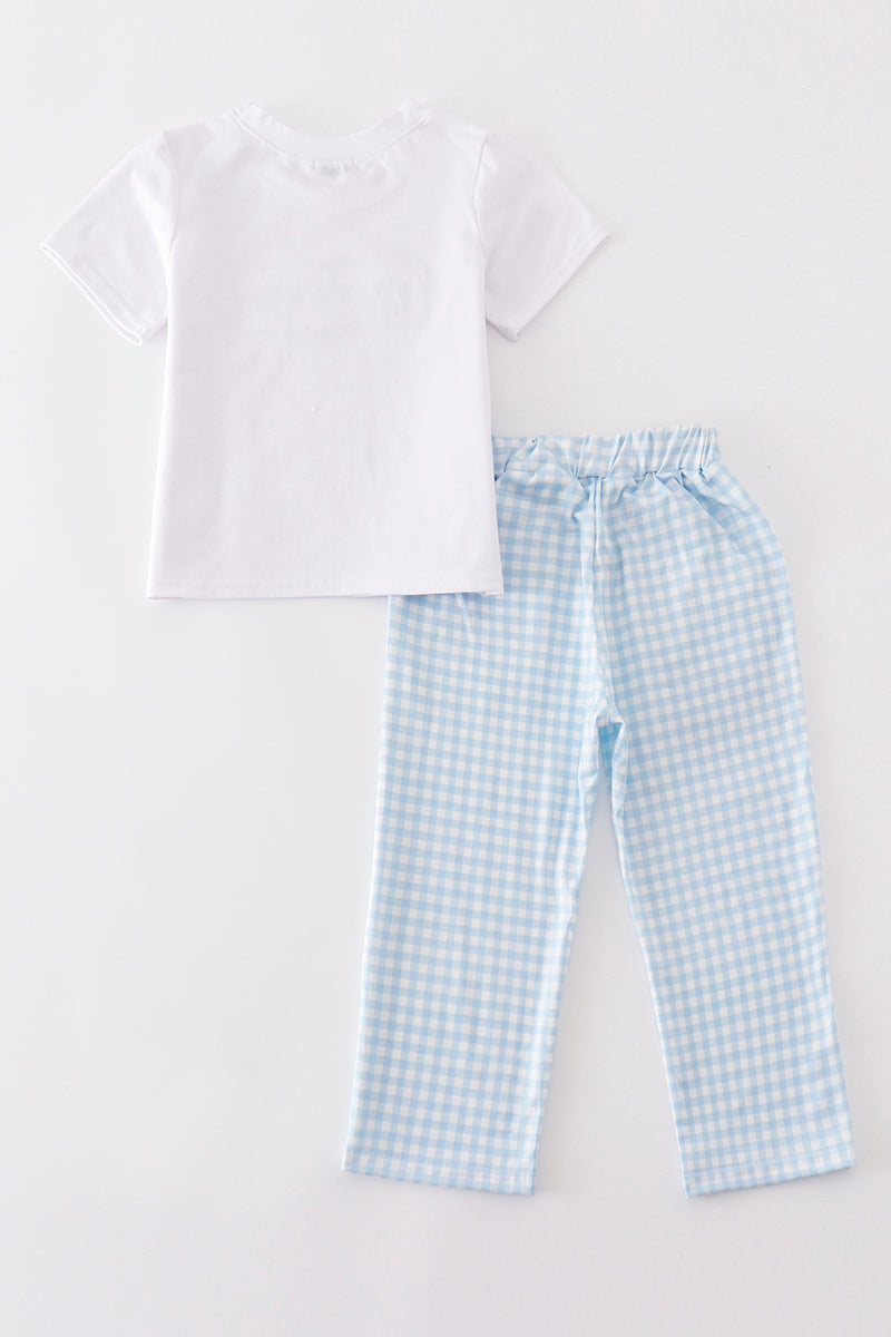 Blue pumpkin embroidery plaid boy set - Giggles with Grace