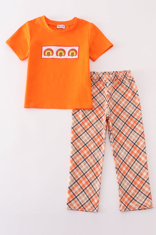 Orange turkey embroidery boy set - Giggles with Grace