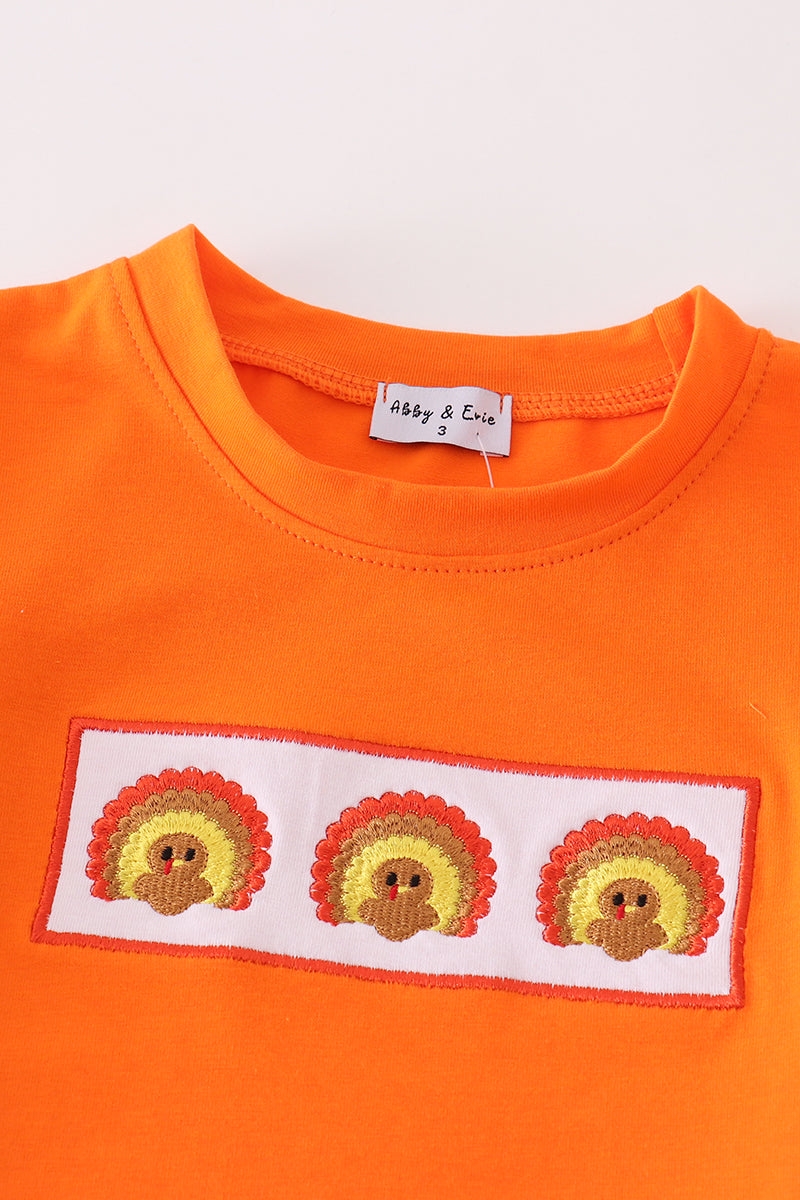 Orange turkey embroidery boy set - Giggles with Grace