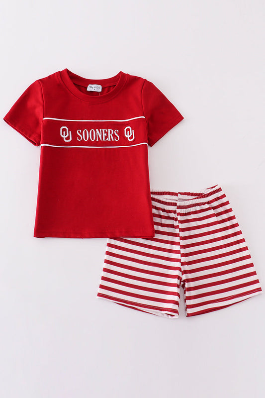 Red sooners embroidery boy set - Giggles with Grace