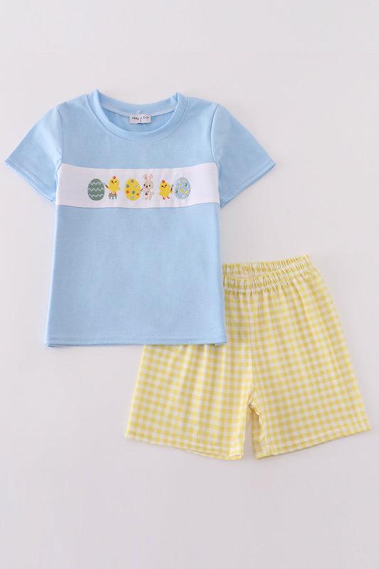Yellow bunny egg embroidery boy set - Giggles with Grace