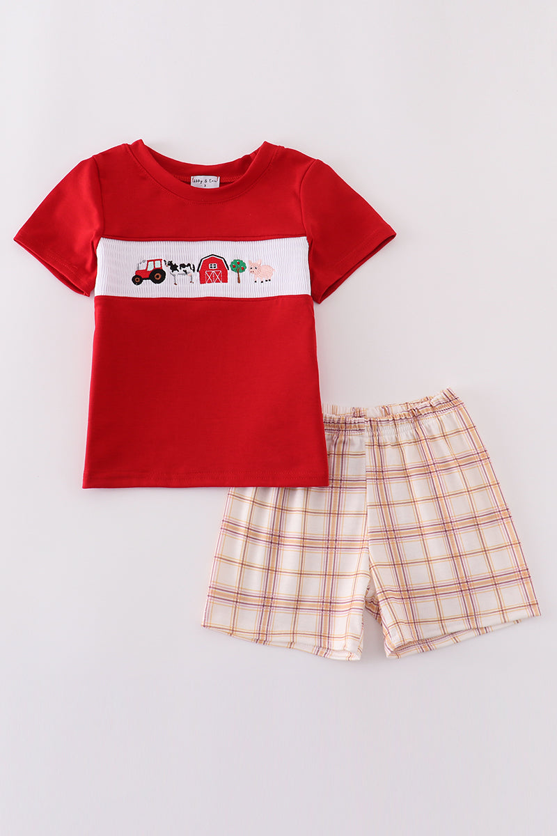 Khaki farm embroidery smocked plaid shorts set - Giggles with Grace