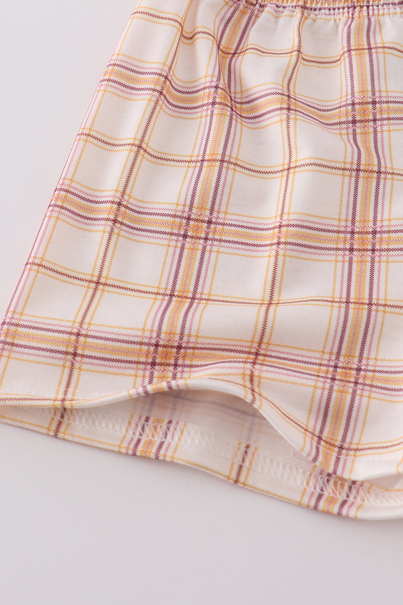 Khaki farm embroidery smocked plaid shorts set - Giggles with Grace