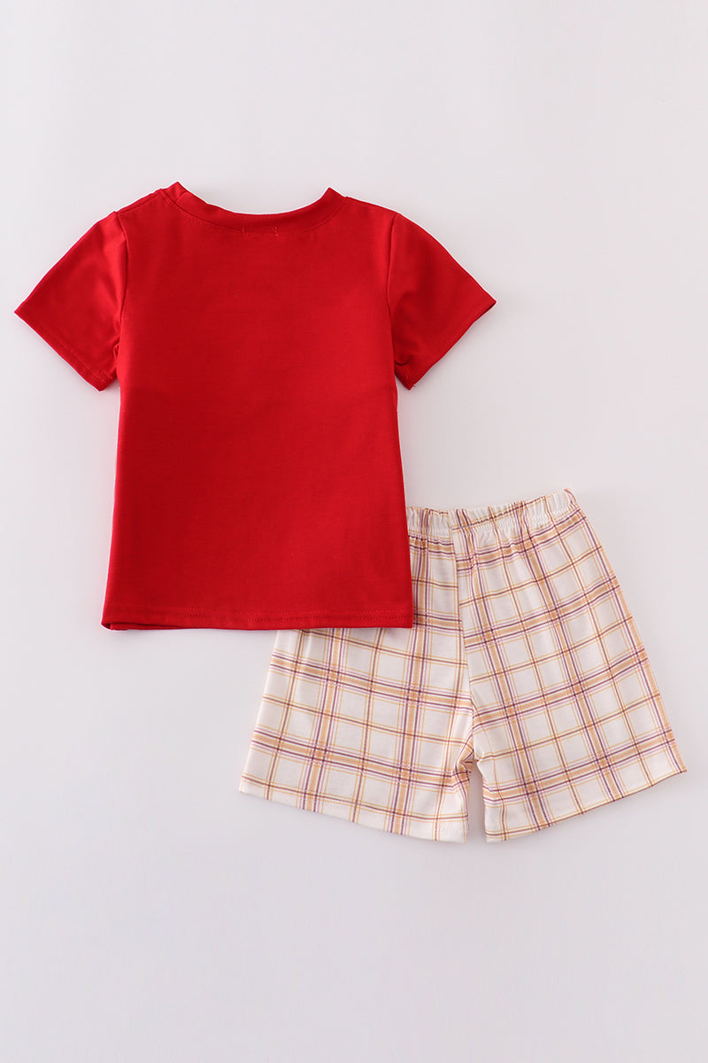 Khaki farm embroidery smocked plaid shorts set - Giggles with Grace