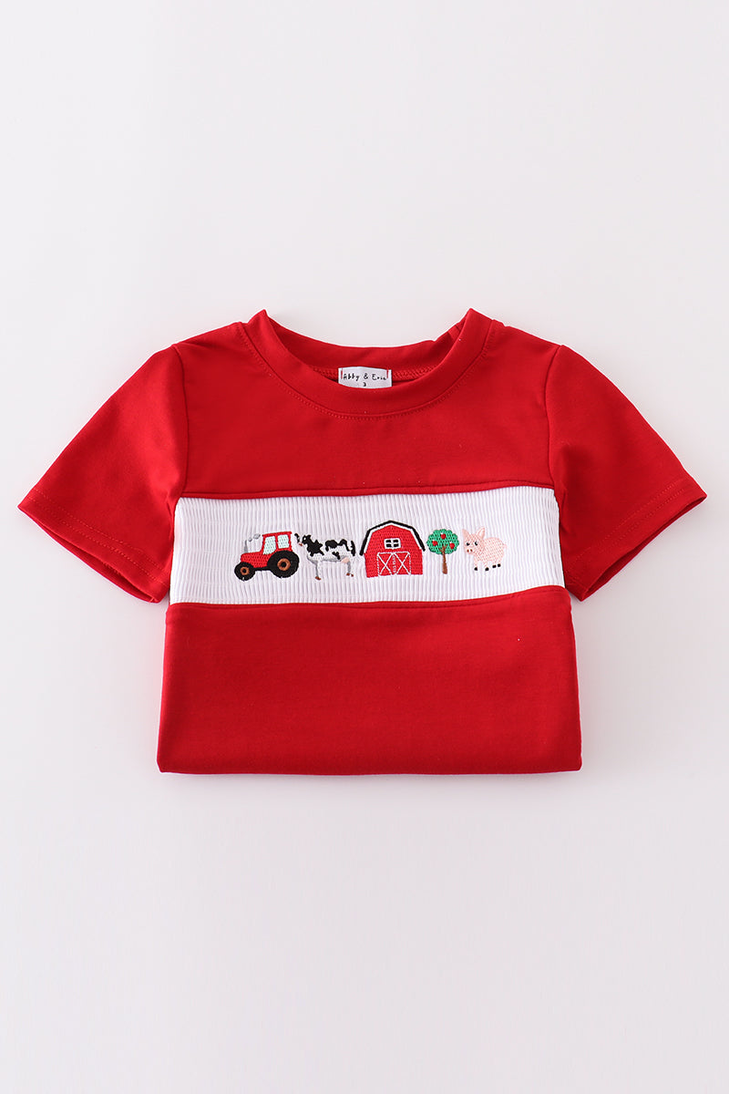 Khaki farm embroidery smocked plaid shorts set - Giggles with Grace
