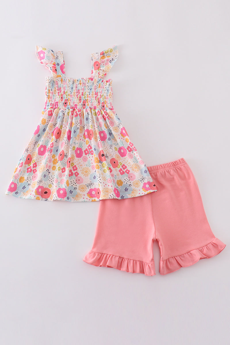 Pink floral print smocked set - Giggles with Grace