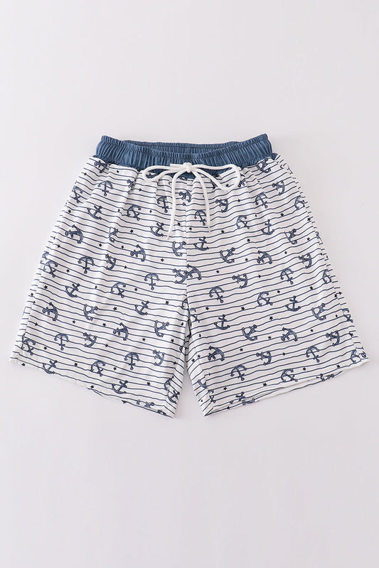 Blue stripe anchor print dad swim trunks - Giggles with Grace