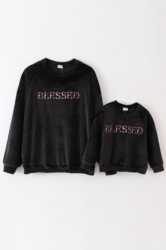 Black velvet blessed embroidery mom&me sweatshirt - Giggles with Grace