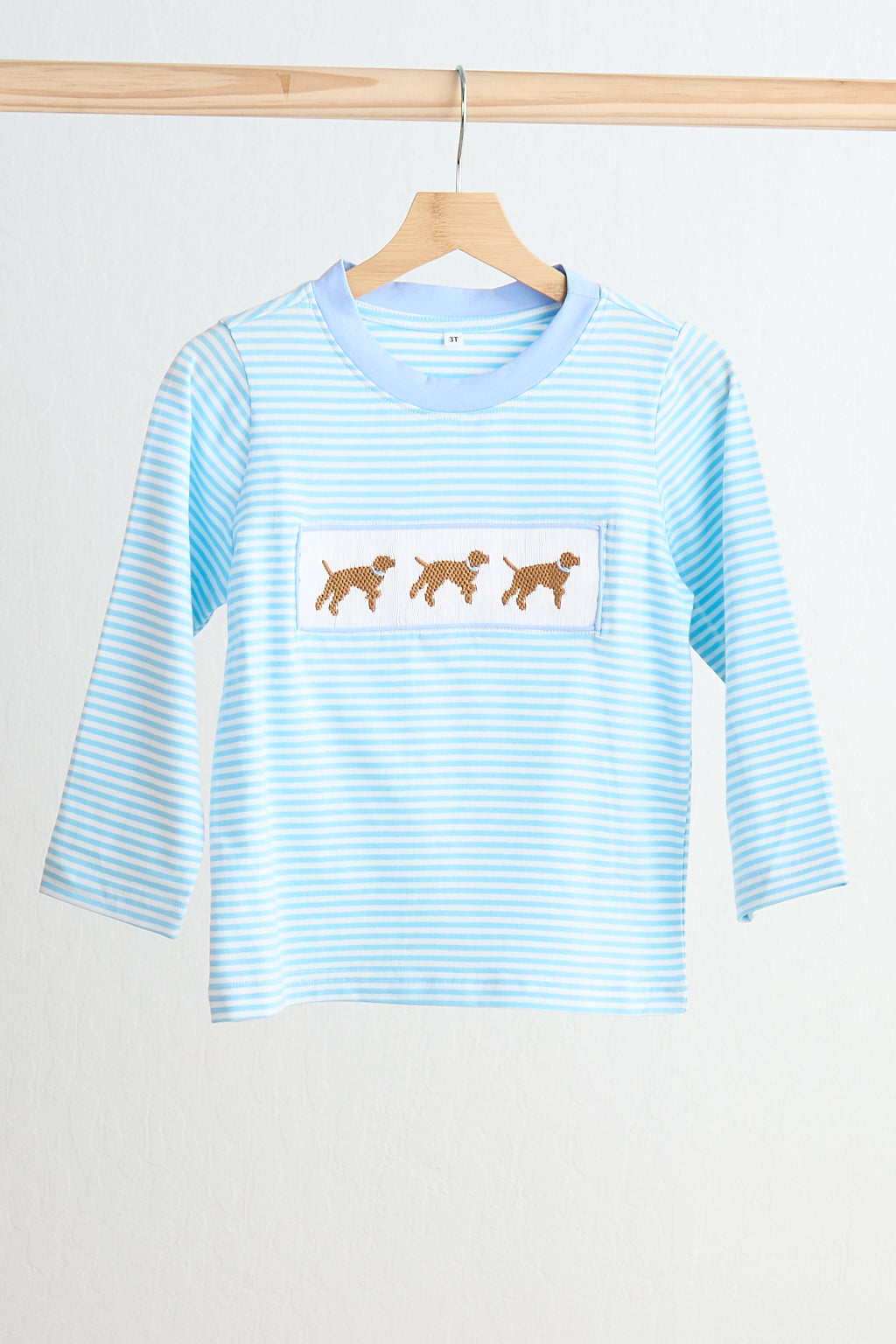 Blue puppy hand smocked boy stripe top - Giggles with Grace