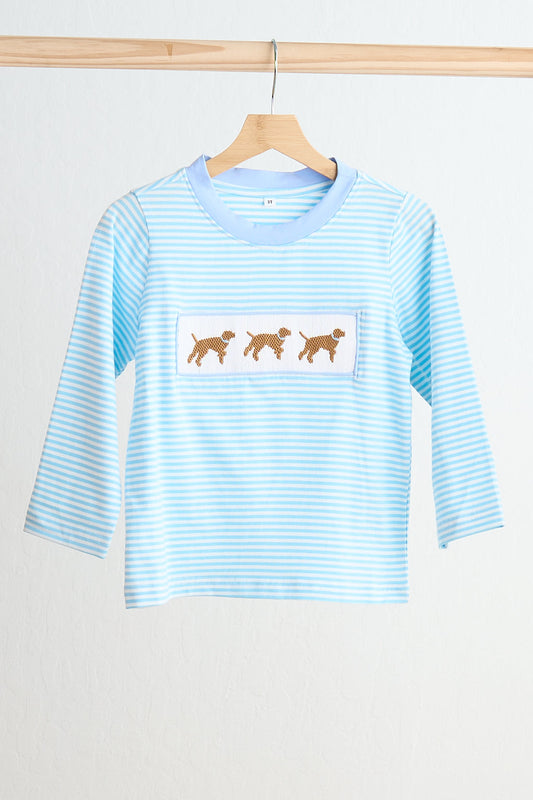 Blue puppy hand smocked boy stripe top - Giggles with Grace