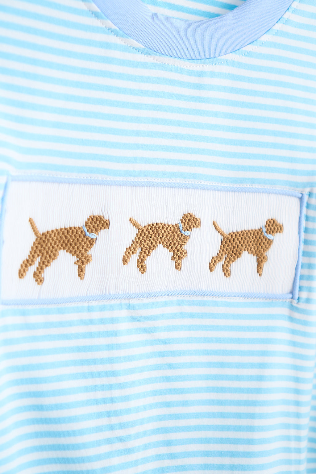 Blue puppy hand smocked boy stripe top - Giggles with Grace