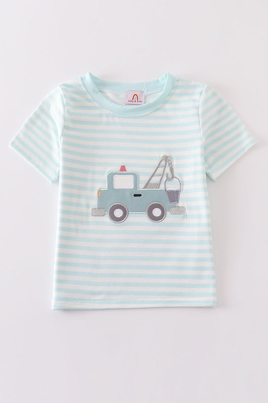 Blue stripe crane truck applique top - Giggles with Grace