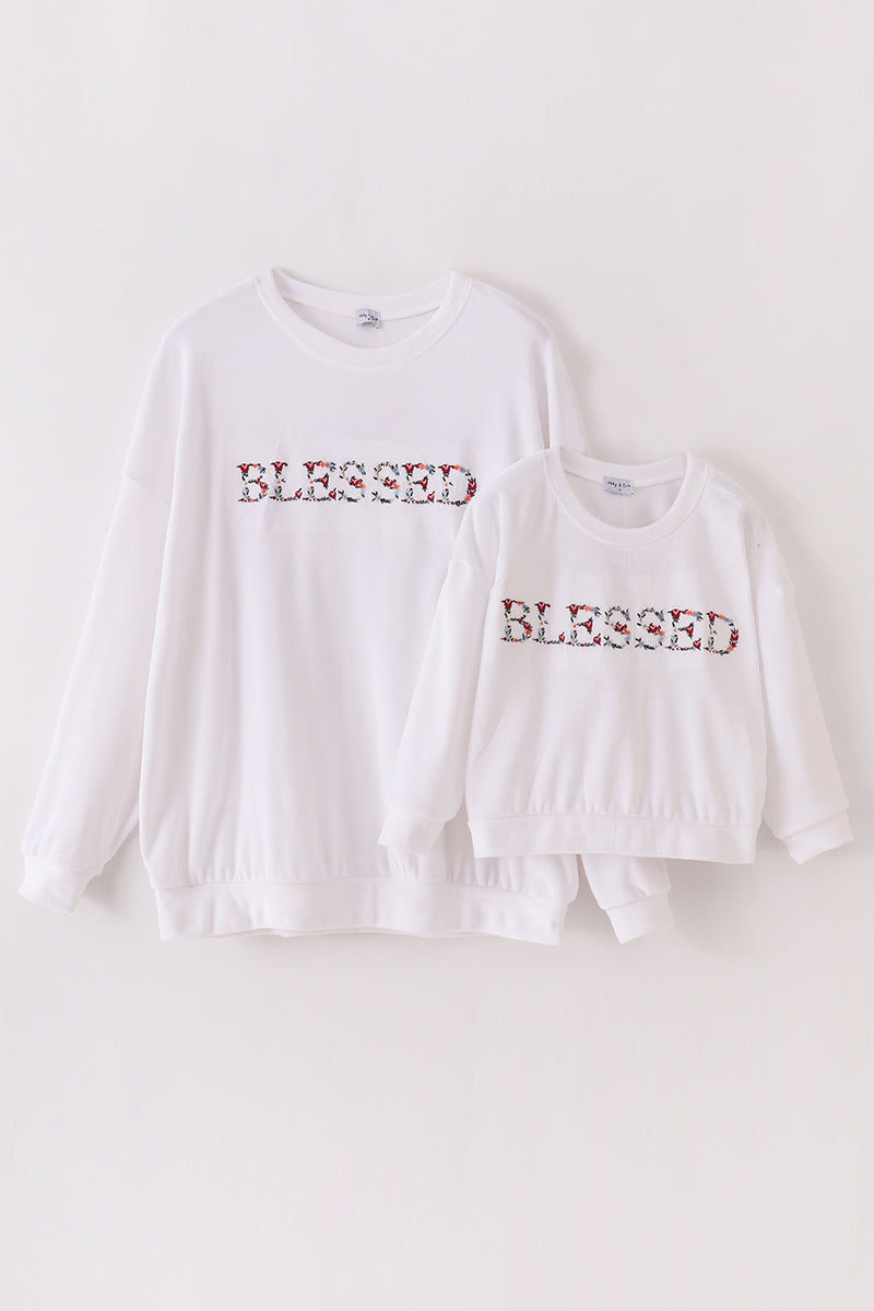 White velvet blessed embroidery mom&me sweatshirt - Giggles with Grace