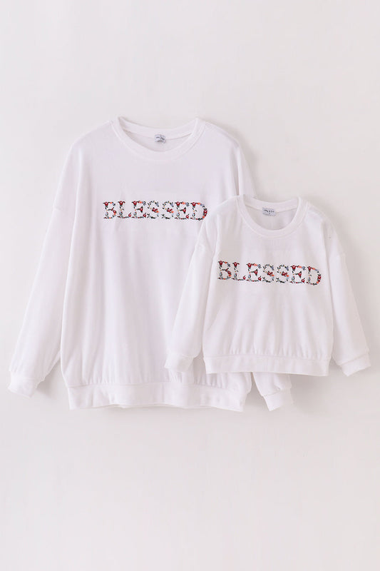White velvet blessed embroidery mom&me sweatshirt - Giggles with Grace